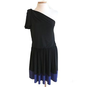 JAY GODFREY One Shoulder Matte Jersey Midi Dress Black & Royal Blue Hem Sz 8 NWT